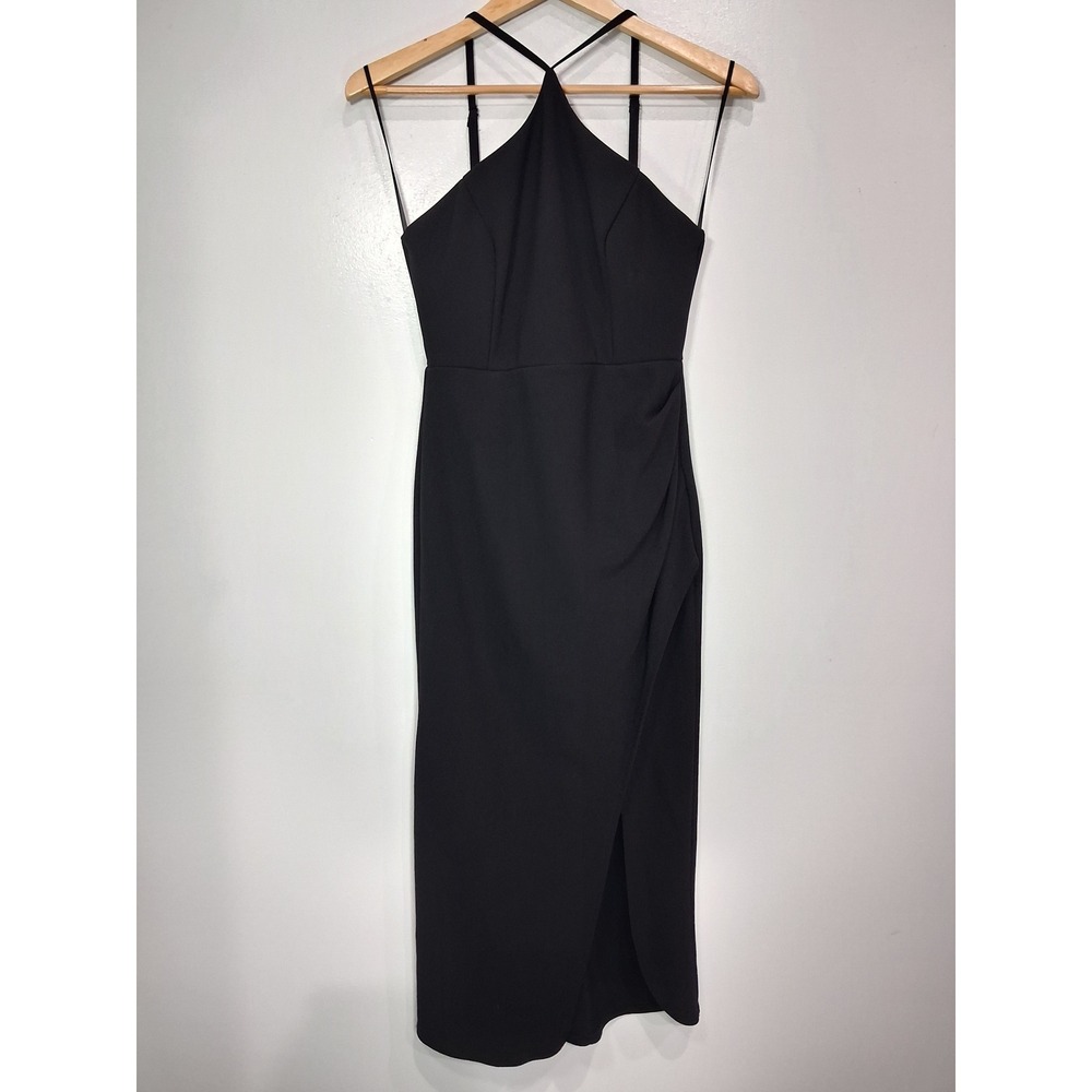 Petal + Pup Womens Black Halter Neck Midi Dress Front Slit Cocktail Sz 10 AU 14
